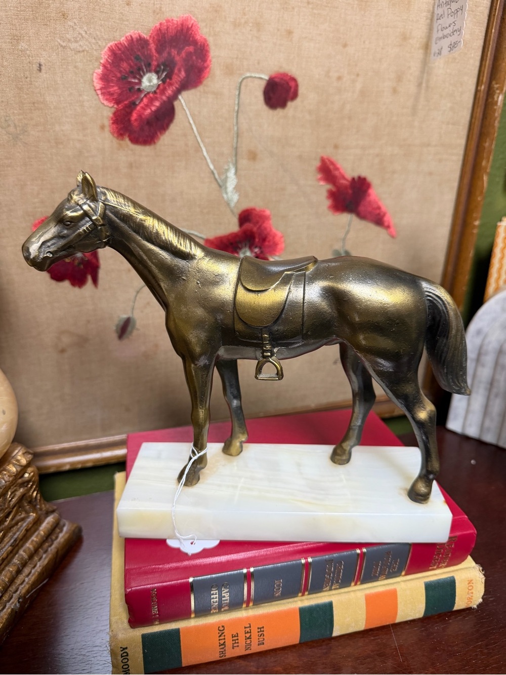 Vintage Bronze Finish Horse Figurine on White Marble Base - Home Art Décor